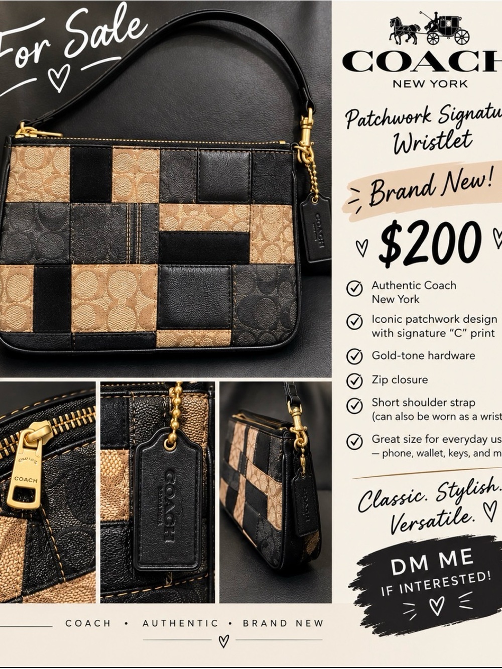 Coach Patchwork Signature Wristlet in Black & Tan